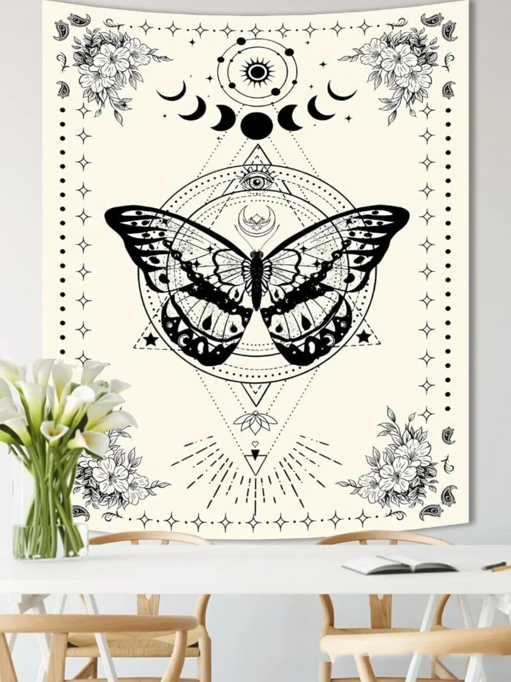 35.48 Inch Mystical Boho Butterfly Moon Phase Floral Wall Tapestry